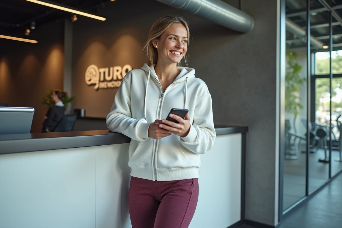 Jeune femme à l'accueil d'une salle Basic-Fit consultant son téléphone pour souscrire un abonnement 1 mois sans engagement