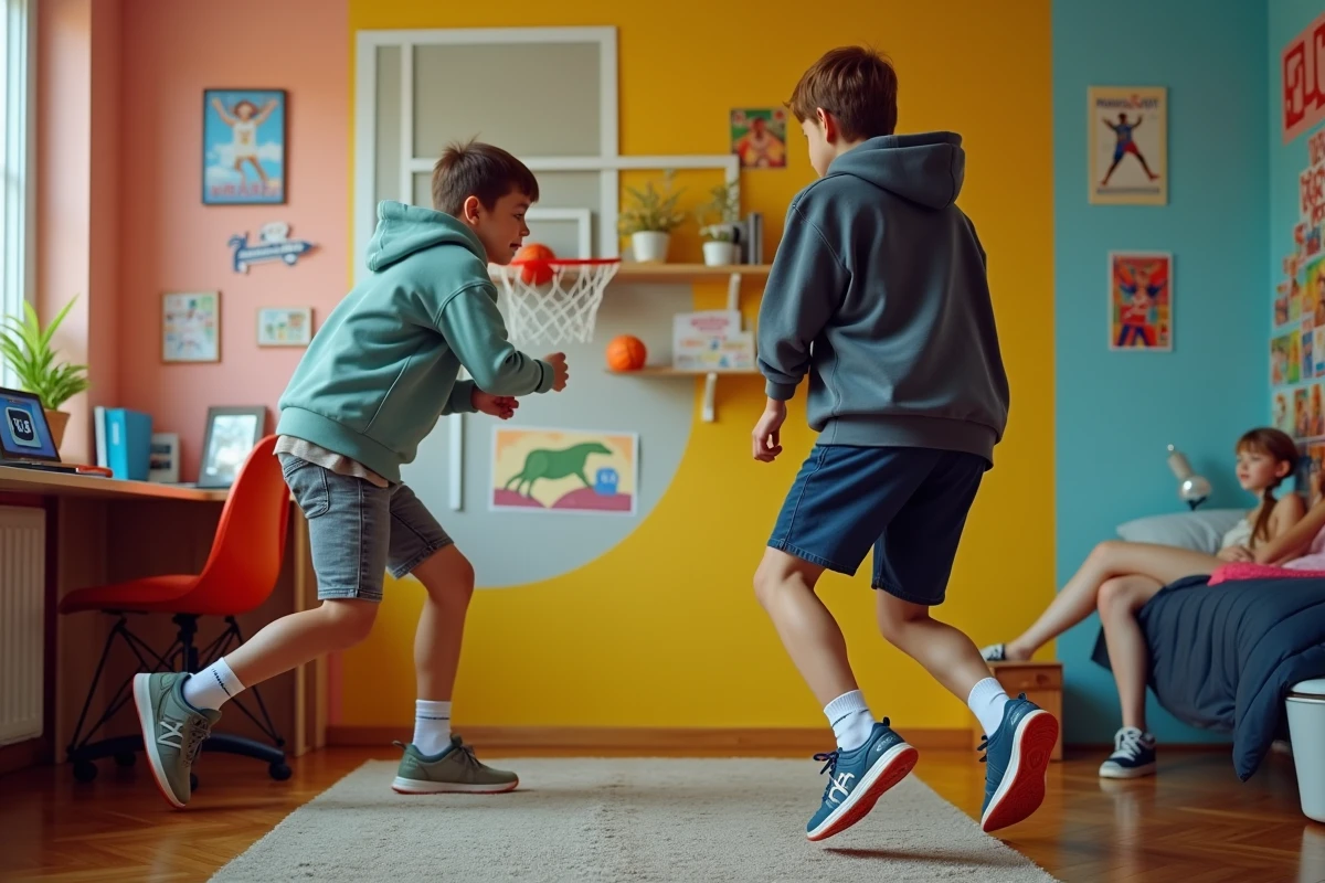 Deux adolescents jouant au basketball miniature avec un panier mural dans une chambre colorée et moderne
