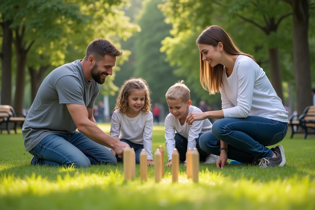 Adultes montrant les règles du Mölkky à deux enfants dans un parc