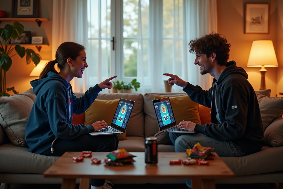 Deux amis comparant leurs rangs League of Legends sur des laptops dans un salon, de fer à challenger