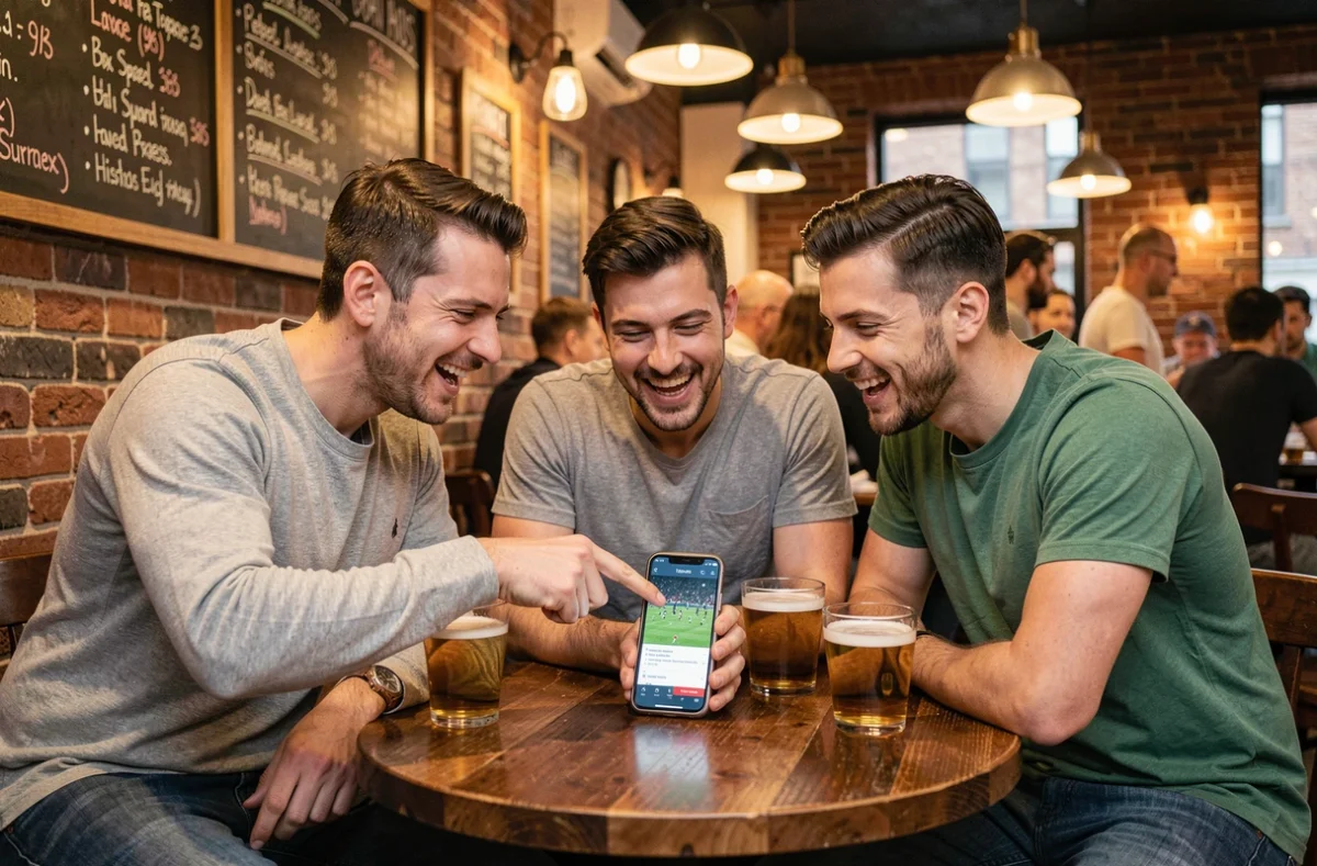 Groupe d'amis qui regardent un match de foot en streaming sur smartphone dans un bar le dimanche soir