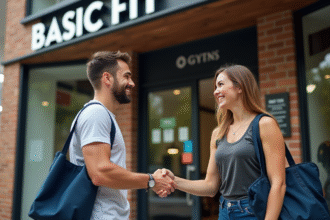 Deux amis souriants se saluant devant une salle Basic Fit avec sacs de sport