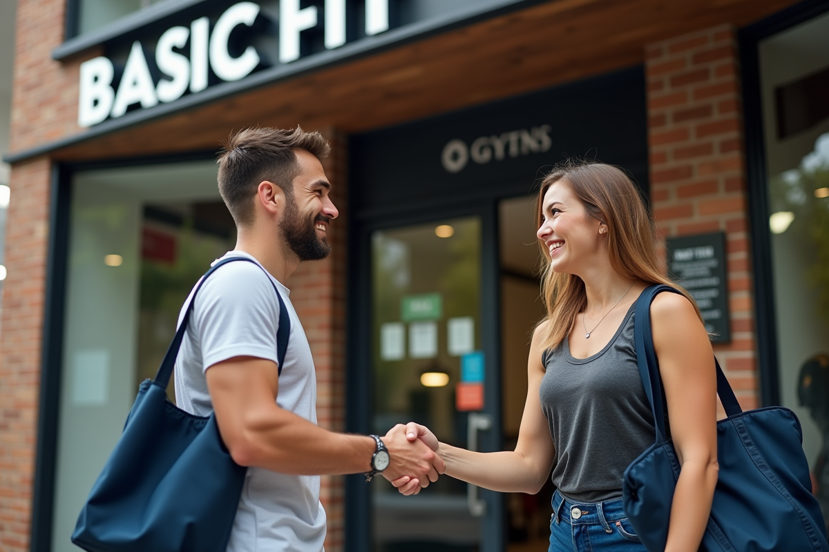 Deux amis souriants se saluant devant une salle Basic Fit avec sacs de sport