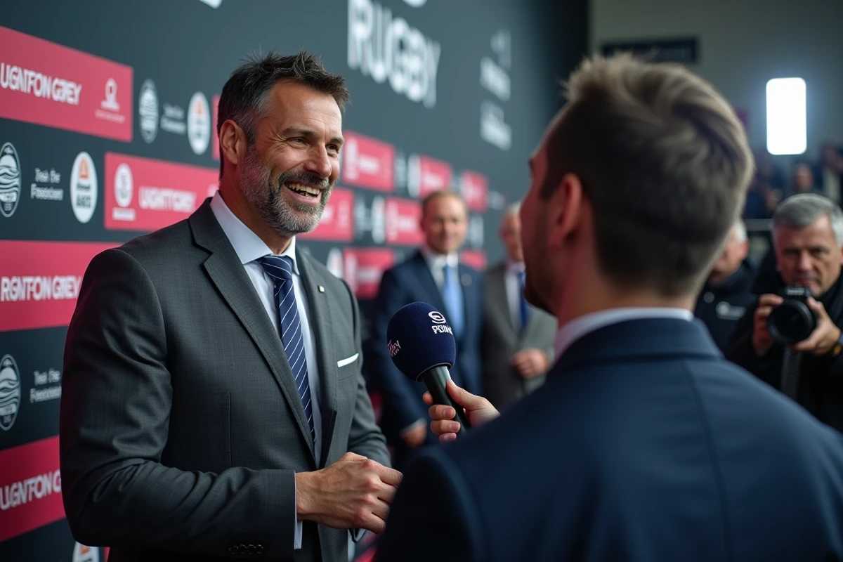 Ancien joueur de rugby français célèbre lors d'une interview médiatique devant un mur de sponsors lors d'un événement sportif 2026