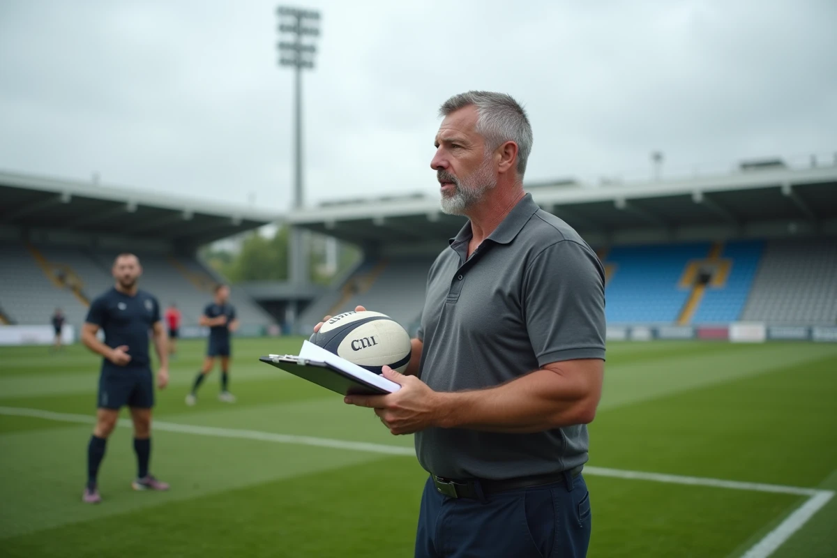 Ancien rugbyman français reconverti en entraîneur encadrant des jeunes joueurs sur un terrain d'entraînement