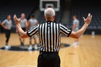 Arbitre de basketball signalant un arrêt du chronomètre lors d'un match officiel sur parquet