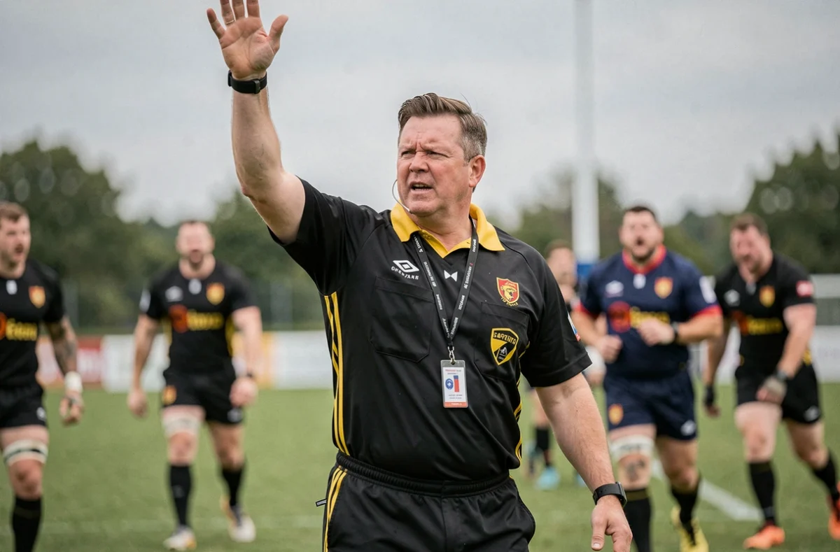 Arbitre de rugby fédéral sifflant une pénalité lors d'une rencontre du week-end