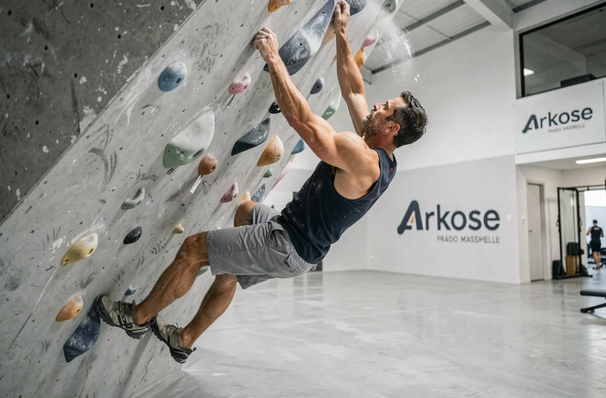 Grimpeur en dévers sur le mur de compétition à Arkose Prado Marseille, muscles sollicités