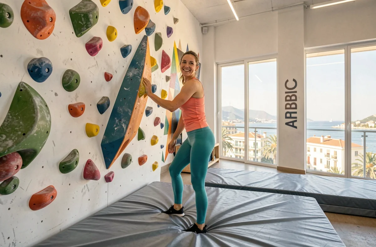 Grimpeuse souriante après une voie colorée à Art Bloc salle d'escalade de Nice
