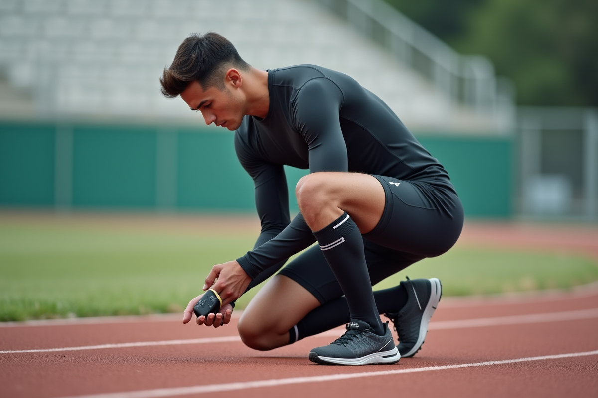 Jeune athlète ajustant un support de poignet sur piste