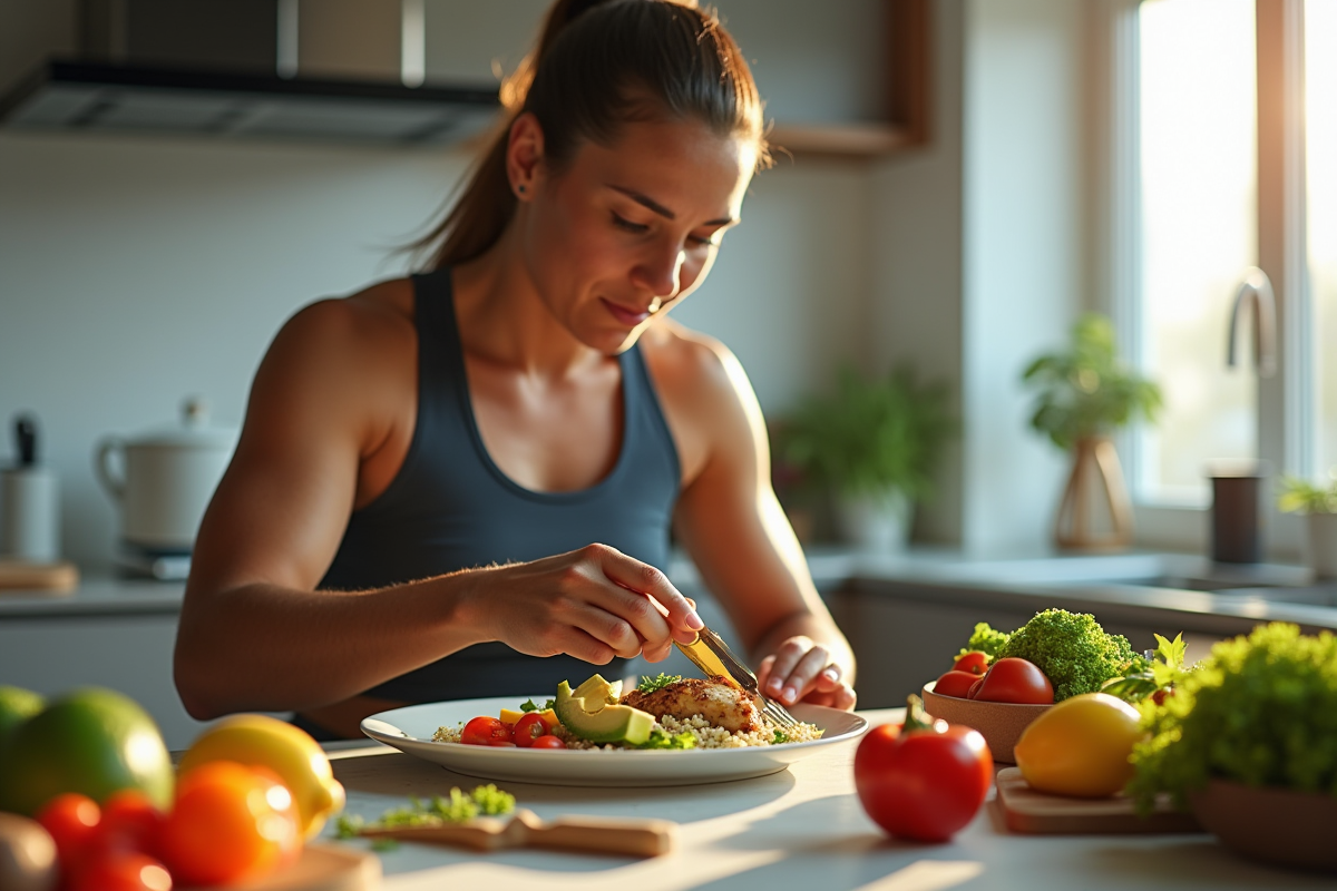 Athlète en tenue sportive préparant un repas équilibré à la cuisine