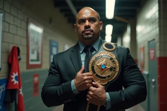 Athlète samoan en costume sombre avec ceinture de champion