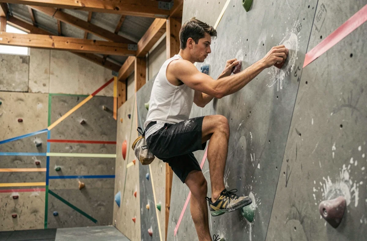Grimpeur en dalle technique sur un mur de Bloc n'Roc à Marseille, concentré sur les prises