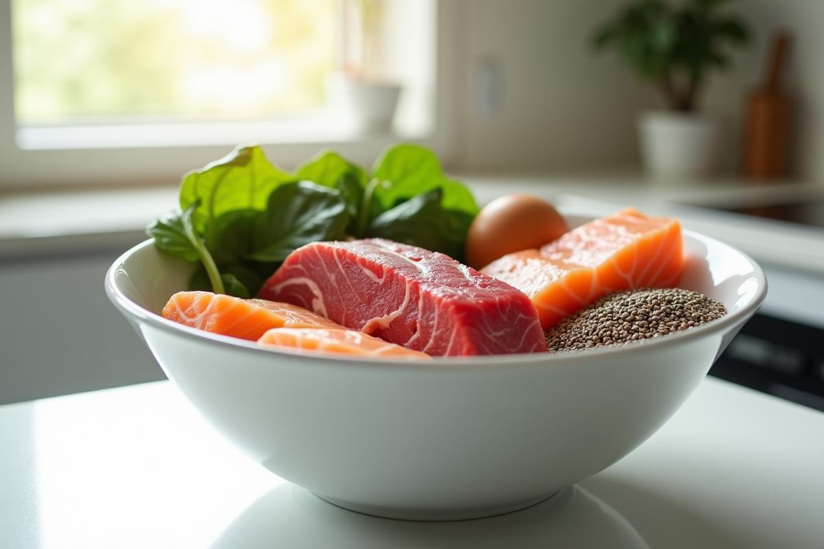 Bol avec viande saumon œufs et épinards pour la creatine