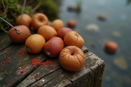 Bouillettes carpe de couleur ambrée posées sur une surface en bois au bord de l'eau, avec bas de ligne et feeder flous en arrière-plan