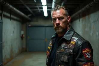 Portrait en coulisses d'un catcheur professionnel en veste de cuir noir avec patches colorés, atmosphère industrielle d'arène de catch