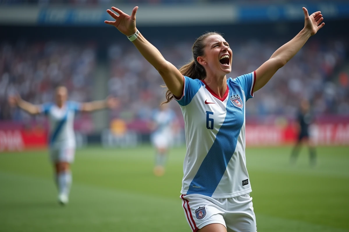 Joueuse de football célébrant un but avec ses coéquipières dans un stade, évoquant le palmarès et l'impact de Mia Hamm sur le football féminin