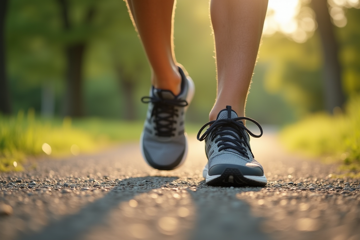 Détail des chaussures de sport sur un chemin de gravier au matin