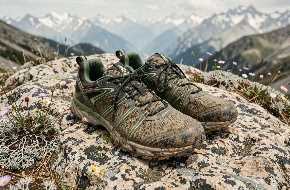 Chaussures de trail Magma S posées sur un rocher granitique en montagne avec fleurs alpines