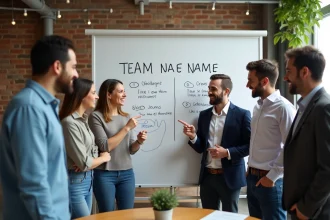 Groupe de professionnels en train de choisir un nom d'équipe en anglais ou en français sur un tableau blanc dans un bureau moderne