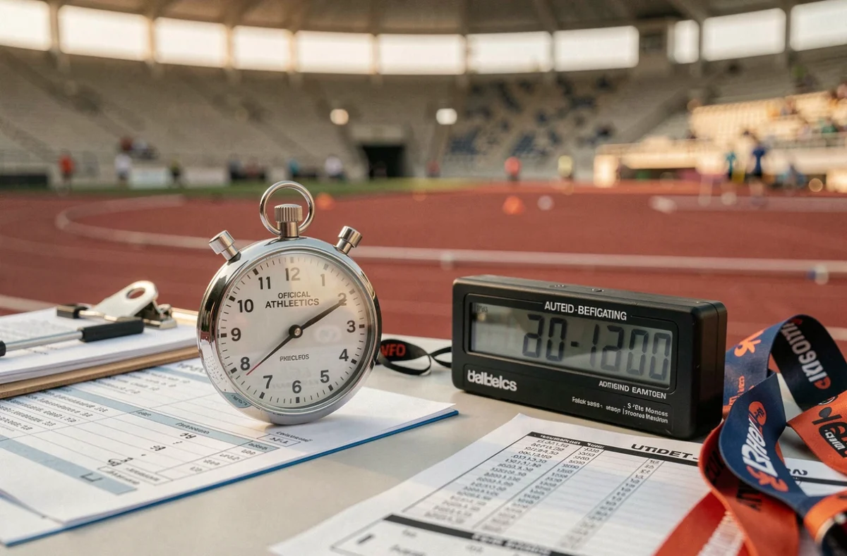 Chronomètre officiel affichant un temps record lors d'une compétition d'athlétisme féminine sur piste