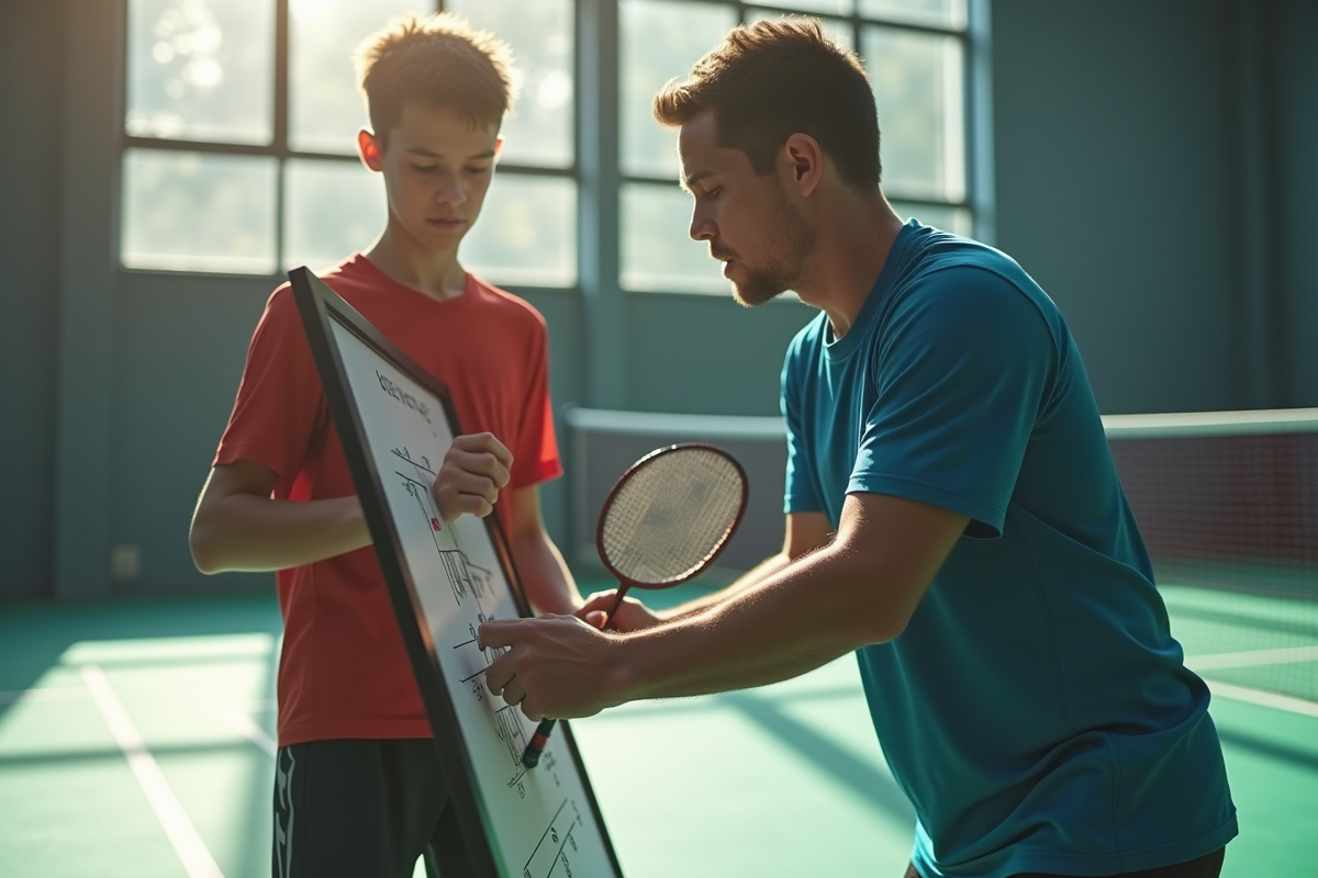 Un coach de badminton donnant des instructions tactiques à un jeune joueur