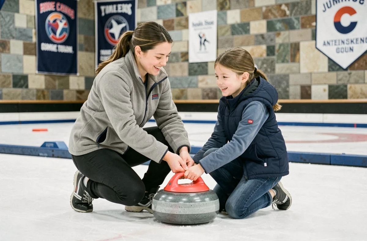 Entraîneuse expliquant les règles du curling à une jeune fille sur la glace dans un club de sport