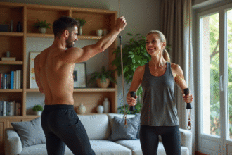 Entraîneur personnel guidant une femme en salle de sport moderne