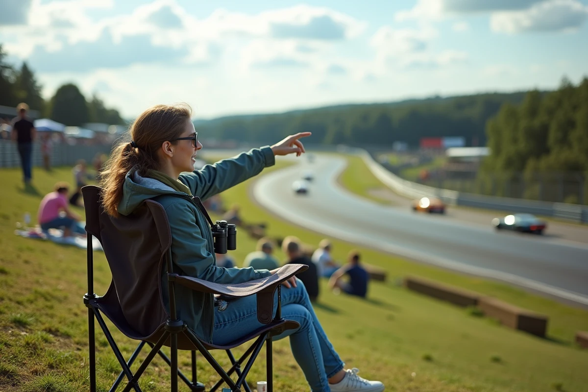 Jeune femme sur une colline de spectateurs observant une course automobile depuis les hauteurs du circuit