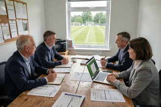 Réunion du Comité Drôme Ardèche Football pour l'organisation du calendrier des compétitions 2026 autour d'une table de travail