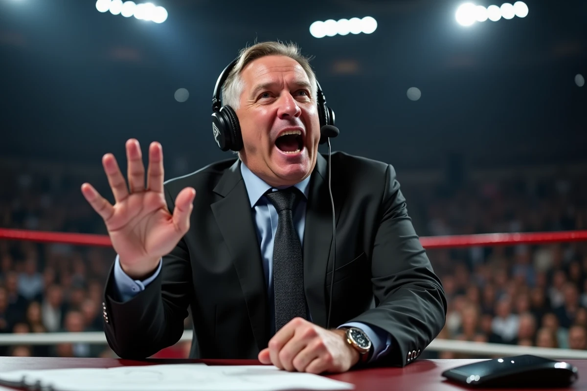 Commentateur de lutte au bord du ring en action