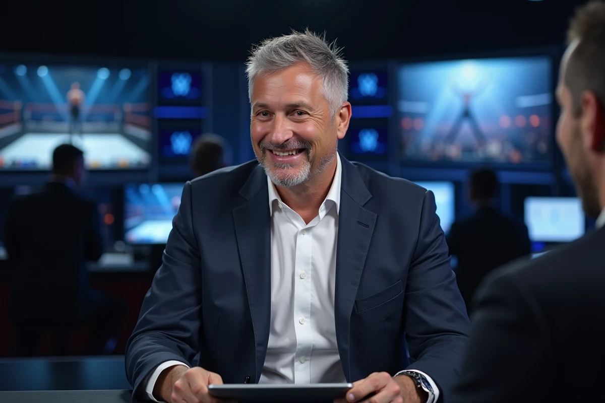 Commentateur sportif en studio de télévision discutant du catch professionnel, ambiance broadcast réaliste avec écrans et équipement de production