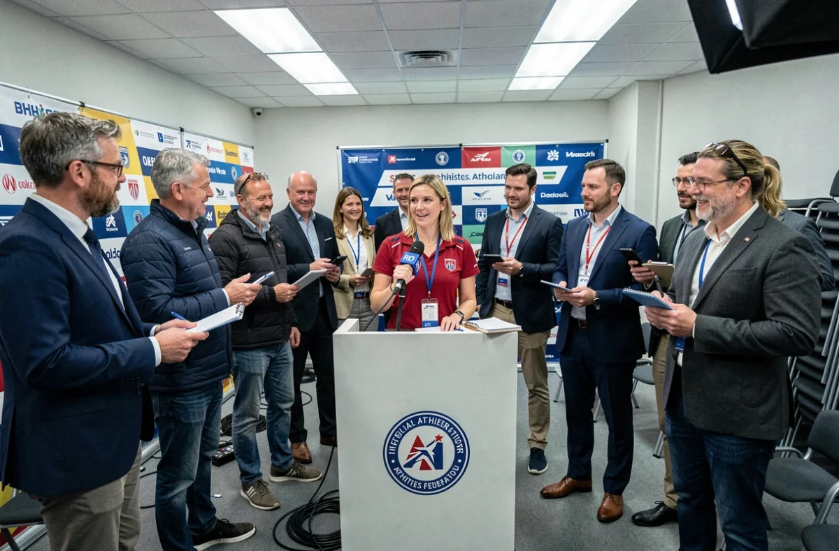 Journalistes sportifs en salle de presse lors d'une conférence sur le record du monde du 100 mètres féminin