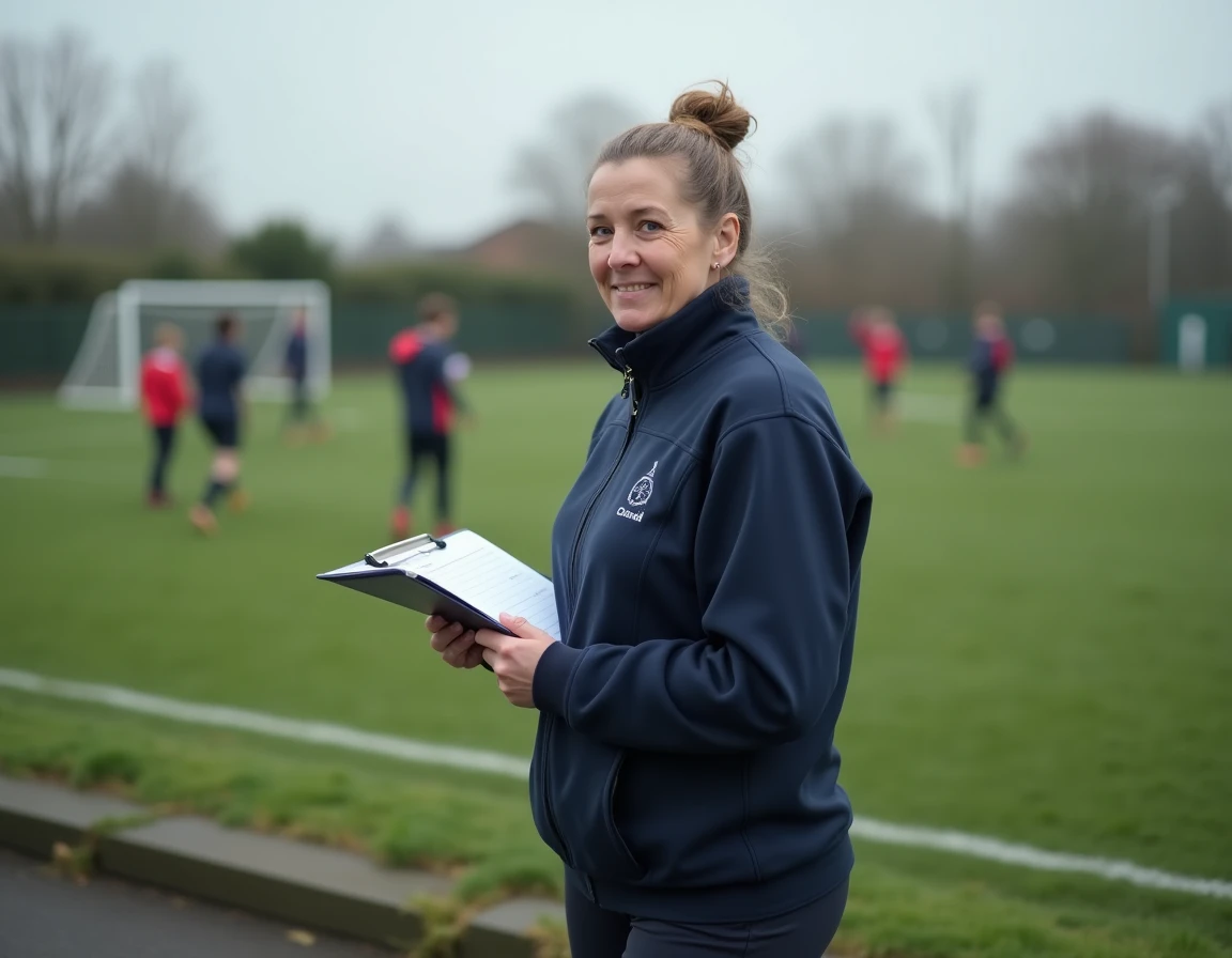 Coordinatrice de partenariat sportif de comté supervisant un entraînement de football communautaire sur un terrain public britannique