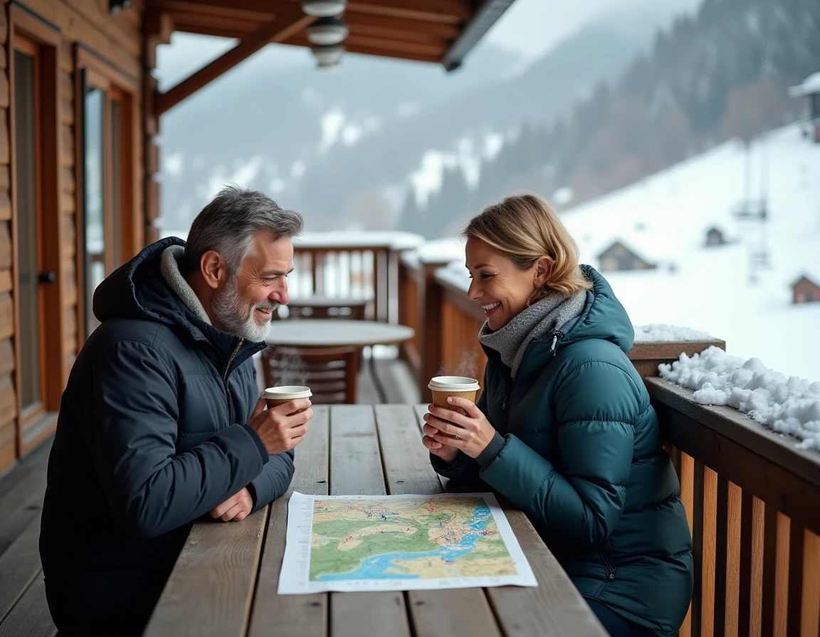 Couple de skieurs adultes consultant un forfait et une carte des pistes sur la terrasse d'un refuge de montagne à Villard-de-Lans