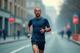 Coureur de marathon en plein effort sur route urbaine consultant sa montre GPS pour ajuster son allure au kilomètre