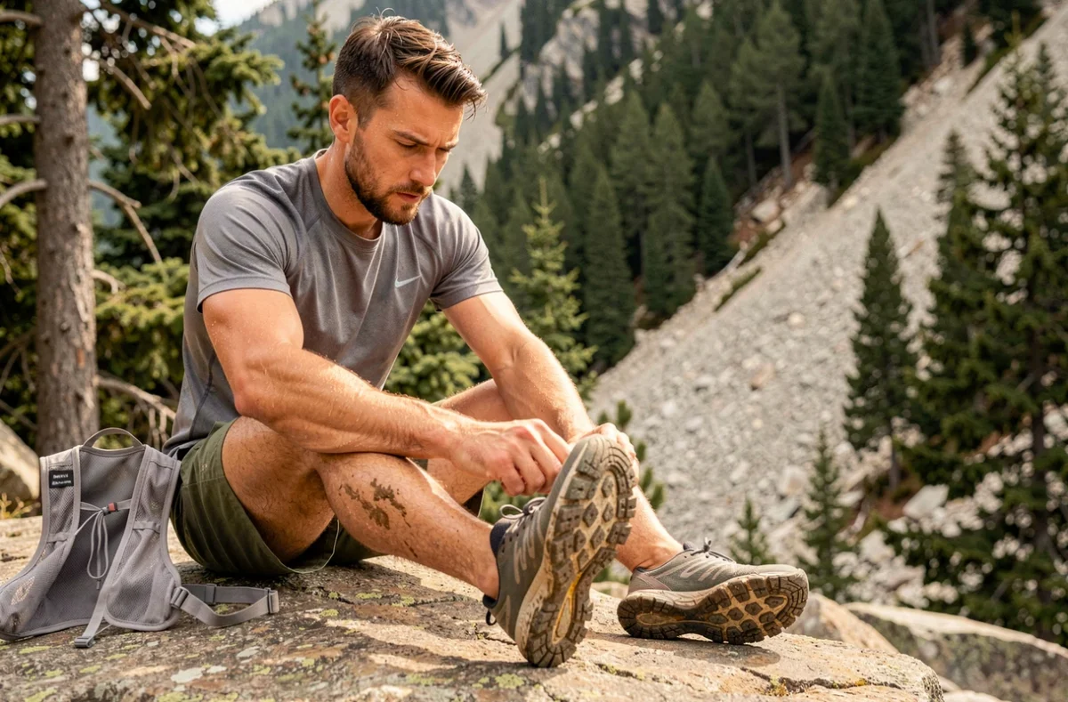 Coureur trail examinant la semelle de sa chaussure Magma S sur un rocher en montagne