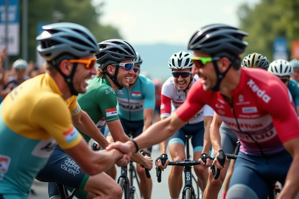 Groupe de cyclistes professionnels à la ligne d'arrivée