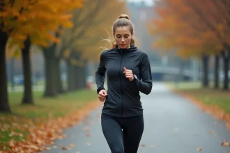 Coureuse débutante vérifiant sa vitesse en km/h sur sa montre GPS pendant un jogging en parc urbain à l'automne