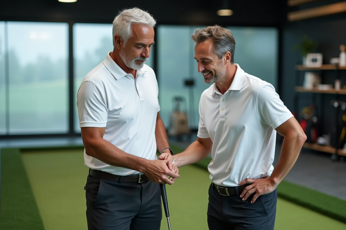 Instructeur de golf et élève analysant l'angle d'un wedge en académie de golf intérieure, cours de wedging pour améliorer le petit jeu