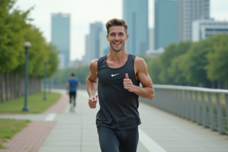 Jeune homme courant le long d'une rivière en ville