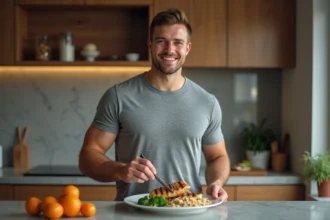 Jeune homme en cuisine préparant un repas sain et équilibré