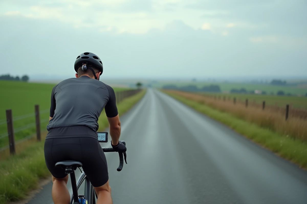 Cycliste débutant consultant son compteur de vitesse en km/h sur son vélo de route en campagne