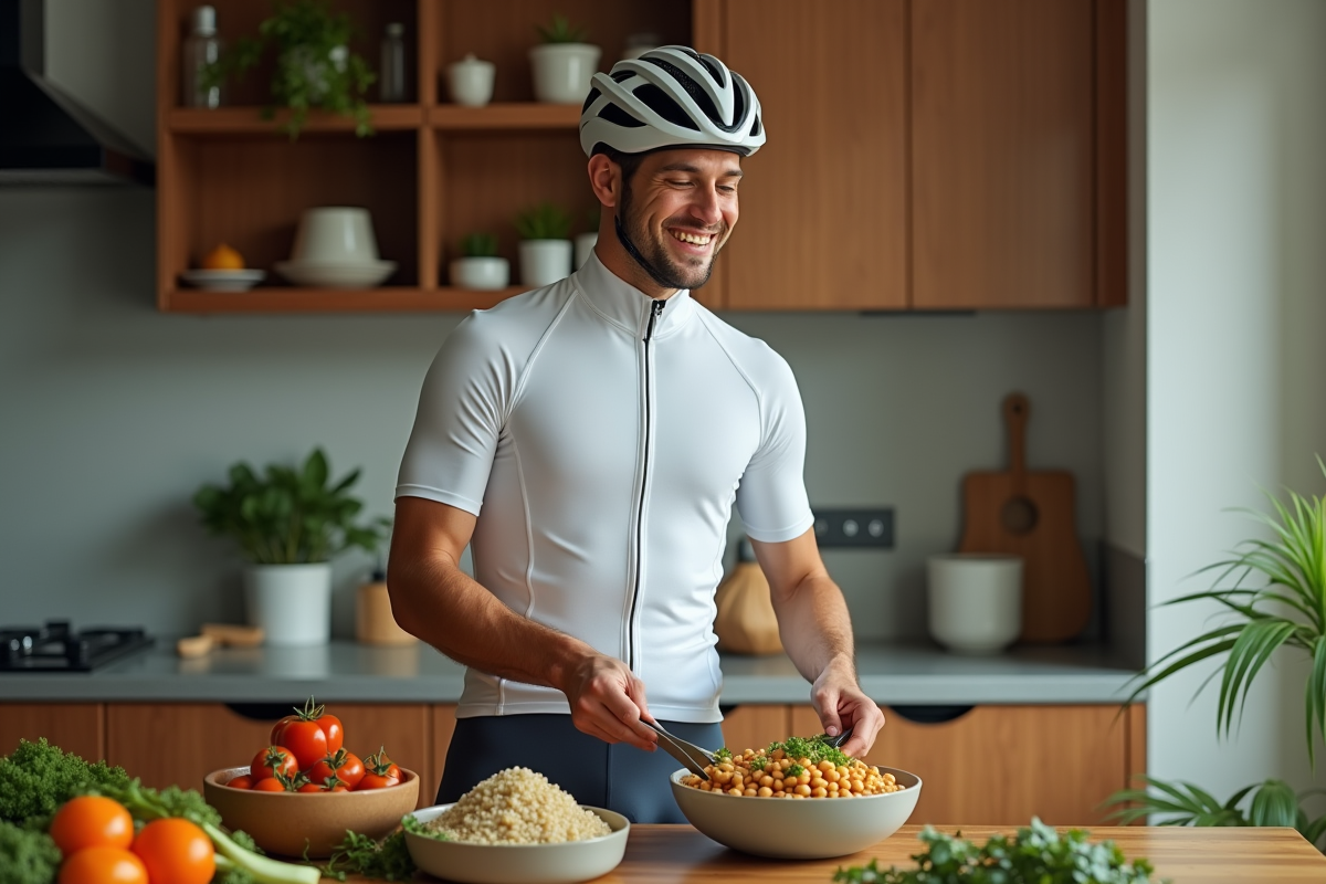 Homme préparant un bol de légumes dans sa cuisine
