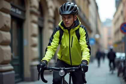 Jeune homme ajustant son vélo en ville avec éclairage
