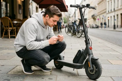 Homme accroupi examinant une trottinette électrique urban glide sur un trottoir urbain avec un tournevis