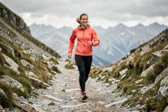 Femme débutante en trail running sur sentier montagneux avec chaussures de trail Magma S