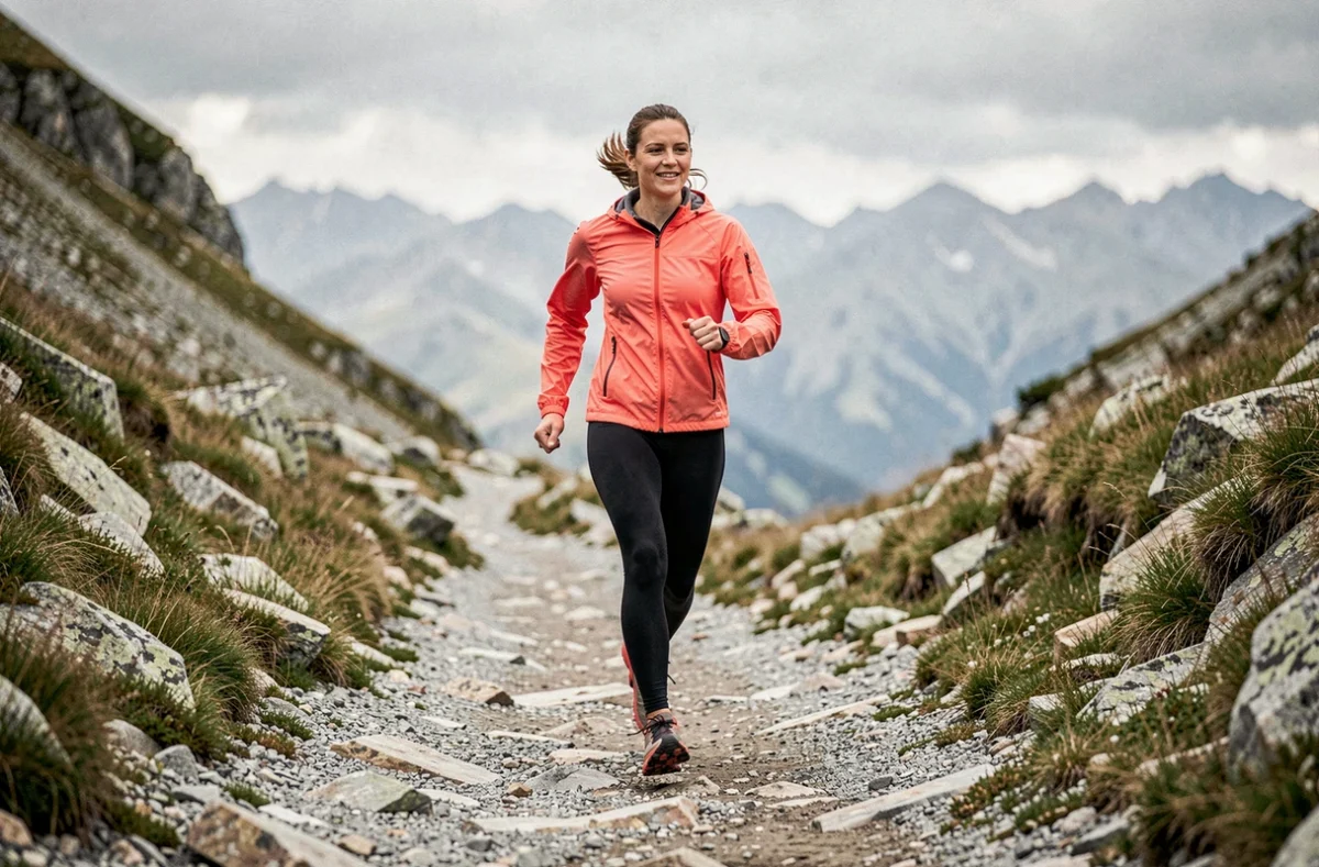 Femme débutante en trail running sur sentier montagneux avec chaussures de trail Magma S