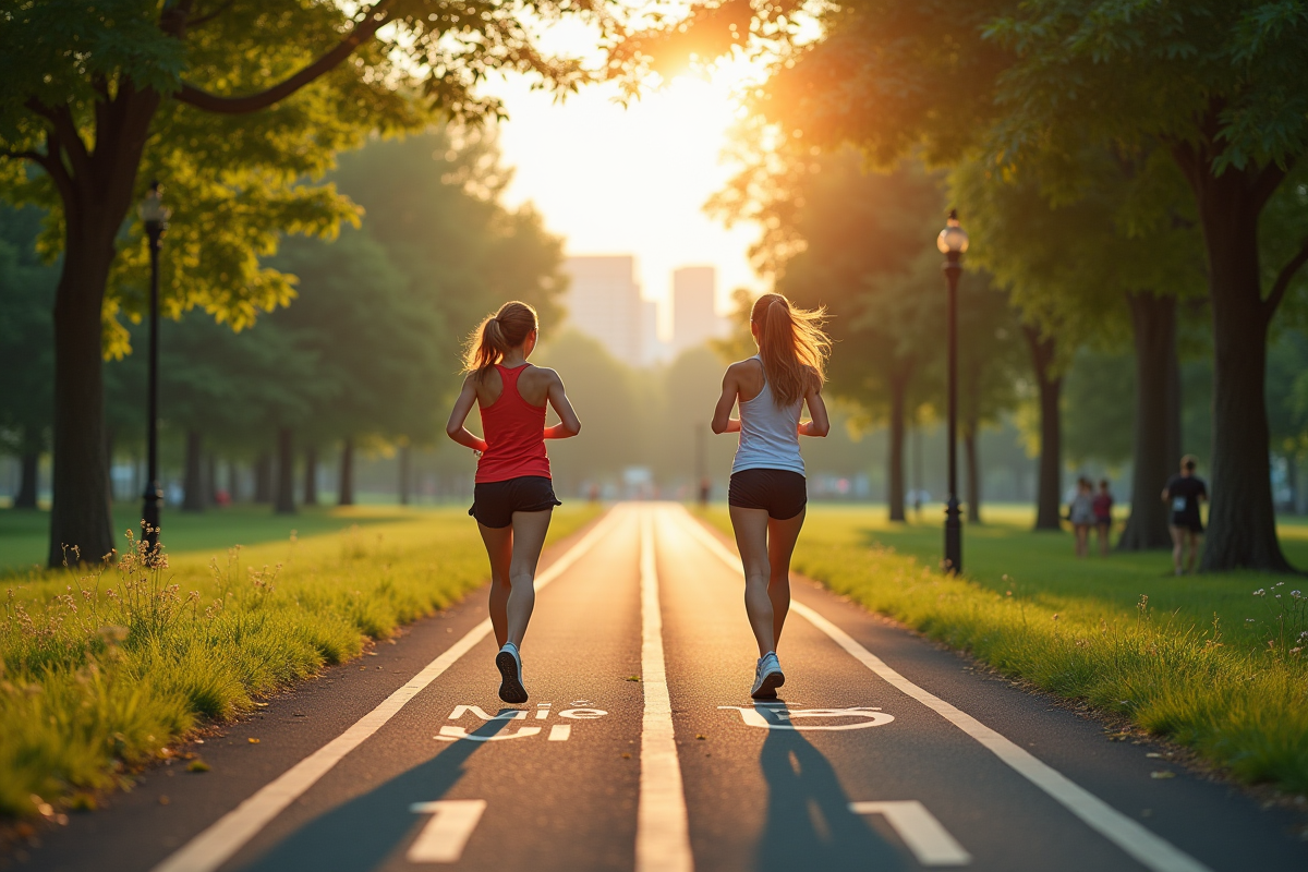 Deux femmes prêtes à courir sur sentiers parallèles