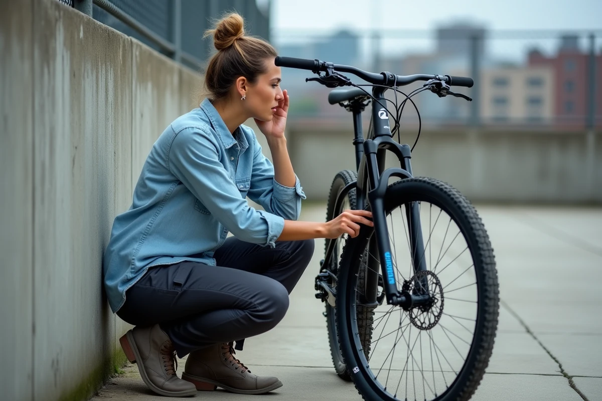 Cycliste diagnostiquant un bruit suspect sur une fourche Manitou Comp en comprimant la suspension à la main en extérieur